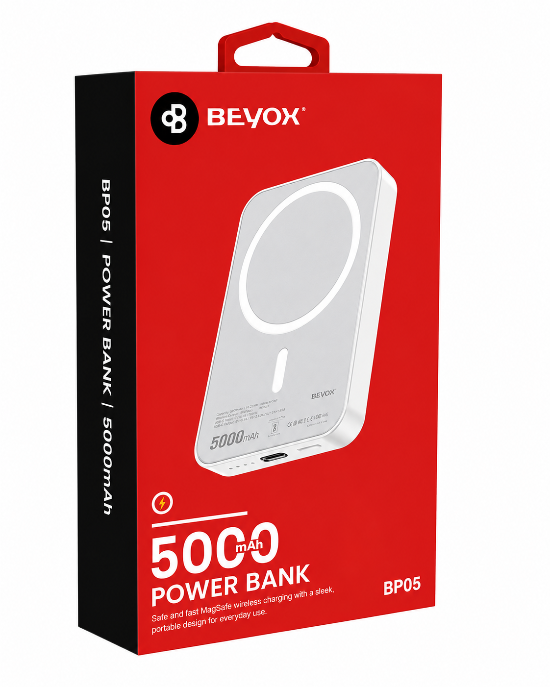 Beyox power bank packaging with red and black design