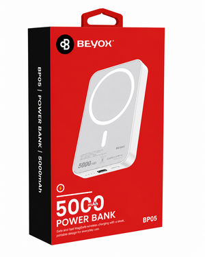 Beyox power bank packaging with red and black design