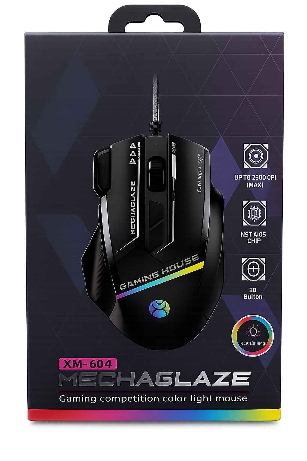 Gaming mouse packaging with 'Mechaglaze' branding on a dark background