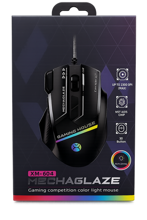 Gaming mouse packaging with 'Mechaglaze' branding on a dark background