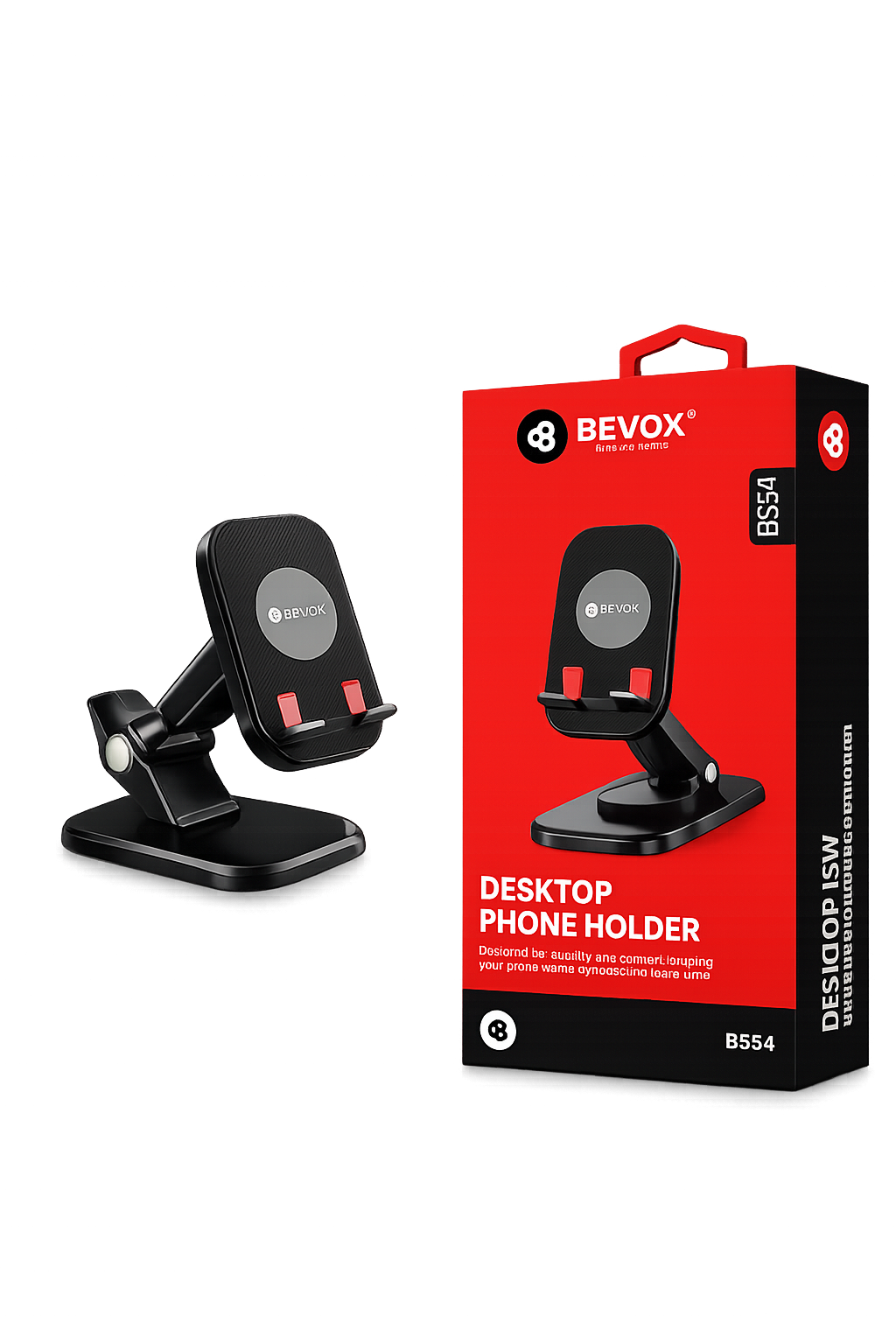 Black desktop phone holder with red Bevox packaging on a white background