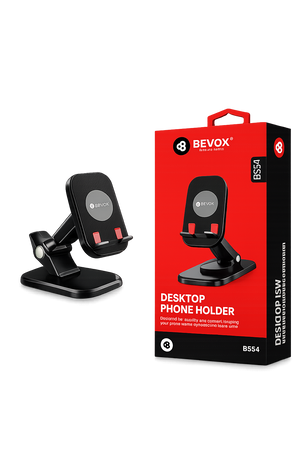 Black desktop phone holder with red Bevox packaging on a white background
