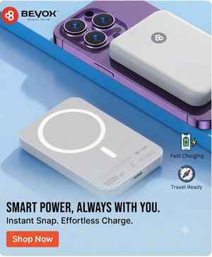 Bevox portable power bank shown in a clean promotional layout with a smartphone partially visible in the background. The product is a slim rectangular wireless charger in white and light gray, with a circular charging indicator graphic on top.